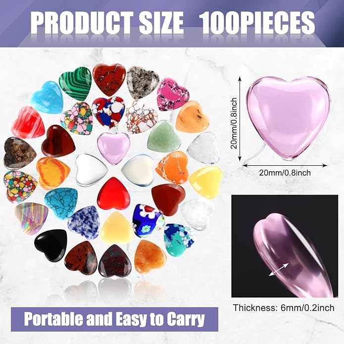 100PCS Worry Stones Heart Shape Healing Crystals, Anxiety Crystal Bulk 0.8 Inch - Image 2