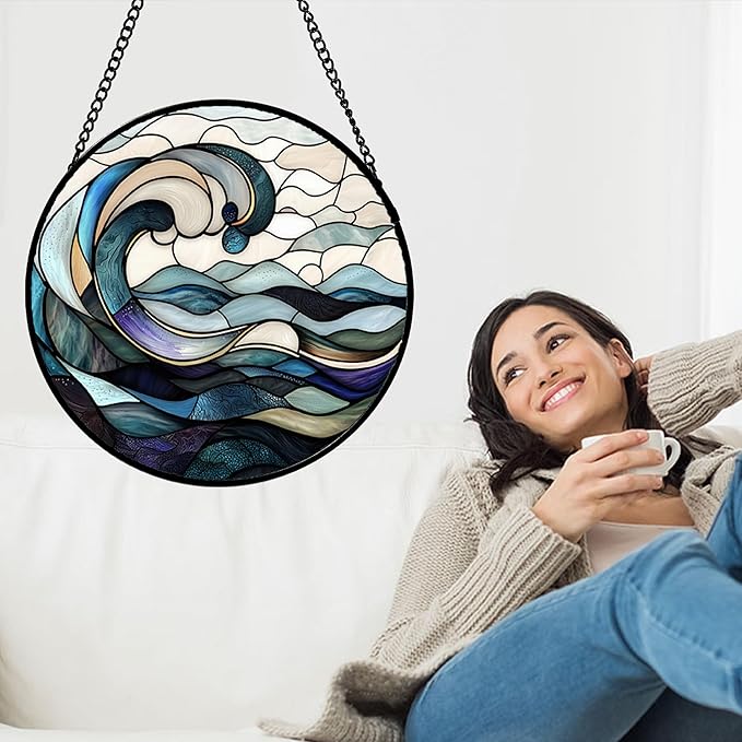 Stained Glass Window Hanging, Ocean Waves Sun Catchers Diamond Glass Panel - Image 2