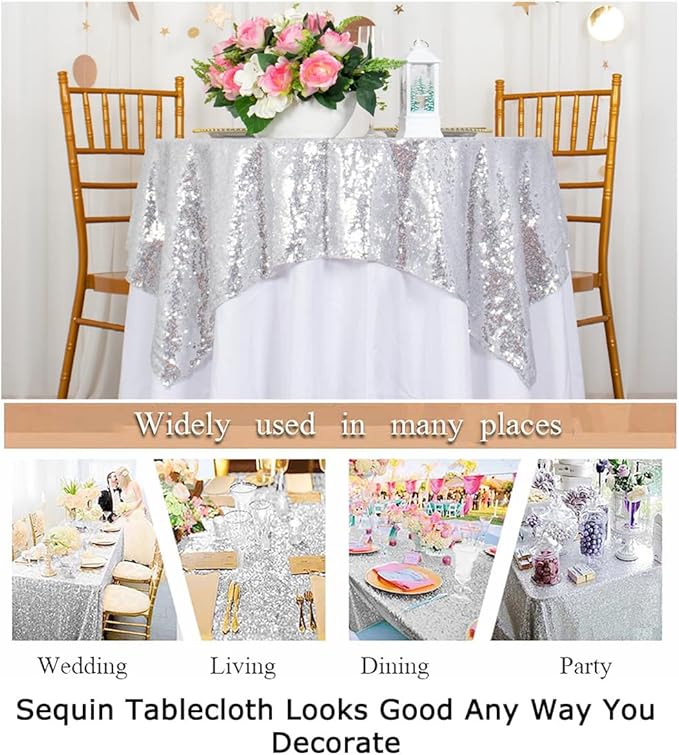 ShinyBeauty Silver Tablecloths 36X36 Inch 2 Pieces Sequin Table Cloth - Image 6