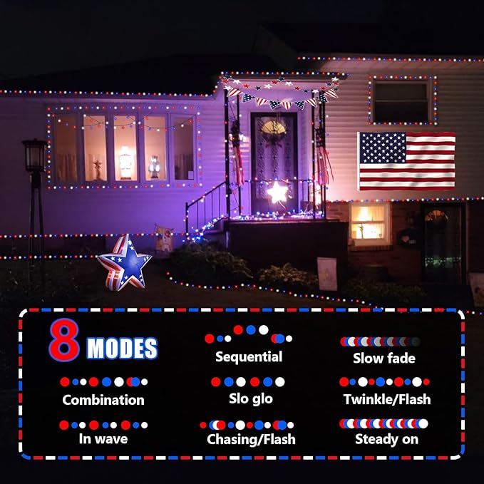 YEGUO 4th of July Decorations Red White and Blue Lights, 66ft 200 LED String - Image 6