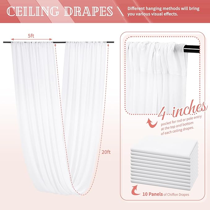 10 Panels White Ceiling Drapes for Wedding 5ftx20ft Sheer Drapery Chiffon - Image 2