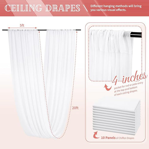 10 Panels White Ceiling Drapes for Wedding 5ftx20ft Sheer Drapery Chiffon - Image 2