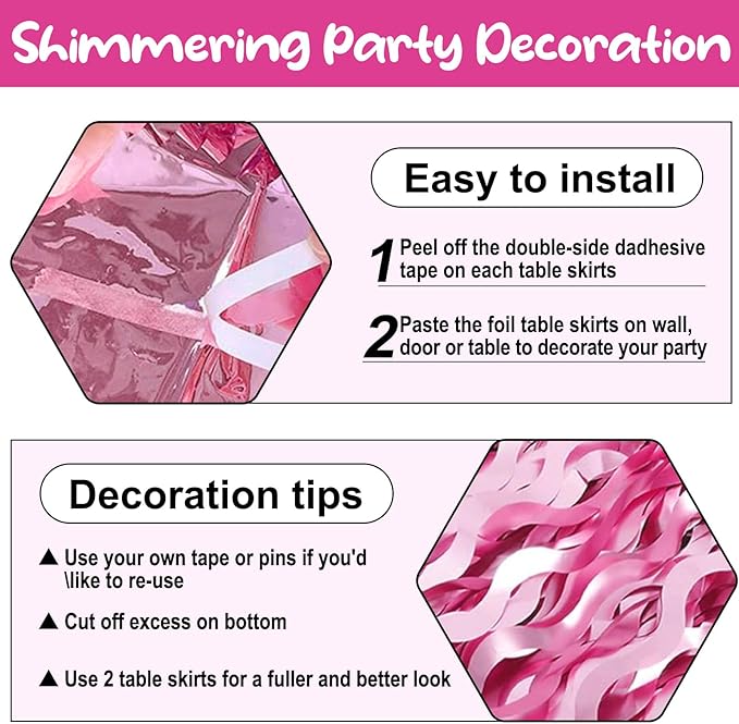 6 Pack 29 x108 Inch Pink Wave Foil Fringe Table Skirts Metallic Banner - Image 3