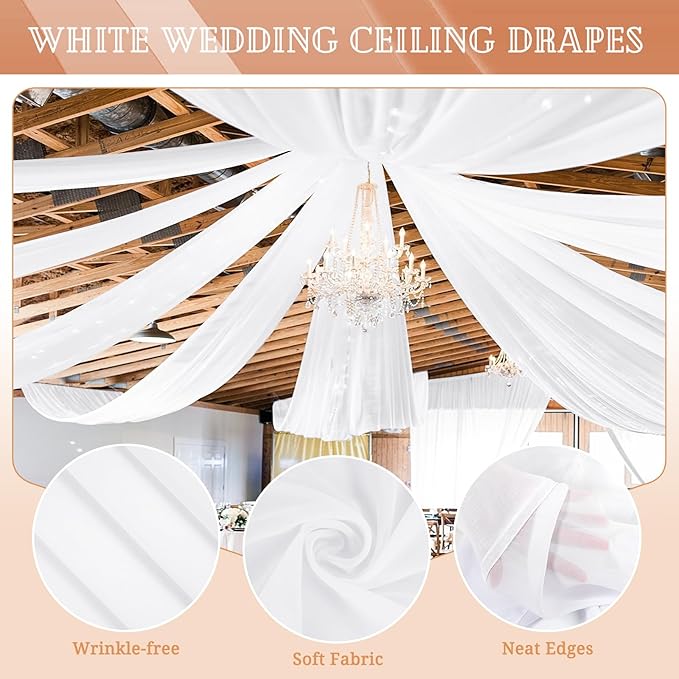 6 Panels White Ceiling Drapes for Wedding 5ftx15ft Sheer Drapery Chiffon Fabric - Image 3
