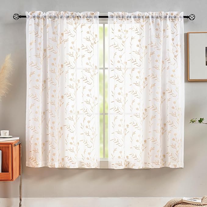 Sheer Curtains 45 Inches White-Beige Floral Embroidery Rod Pocket Voile Drapes by MYSTIC-HOME