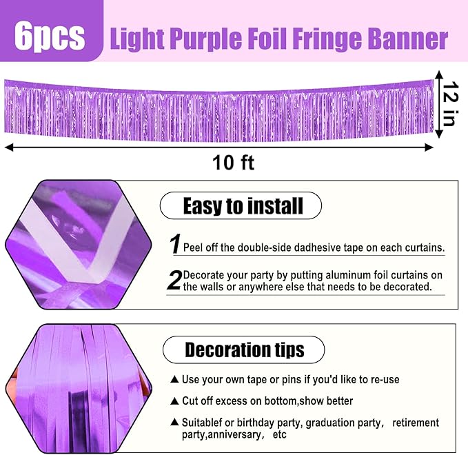 6 Pack 10 Feet Light Purple Foil Fringe Garland Metallic Tinsel Streamers - Image 2