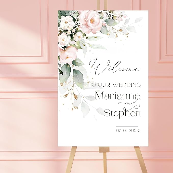 Personalized Wedding Welcome Sign, Blush Pink Floral Wedding Sign Signage 12" X - Image 2