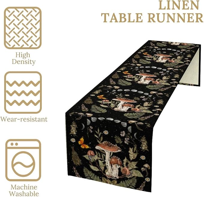 Mushroom Kitchen Table Runner, Boho Vintage Wild Flower Gothic Witchy Moonlit - Image 4