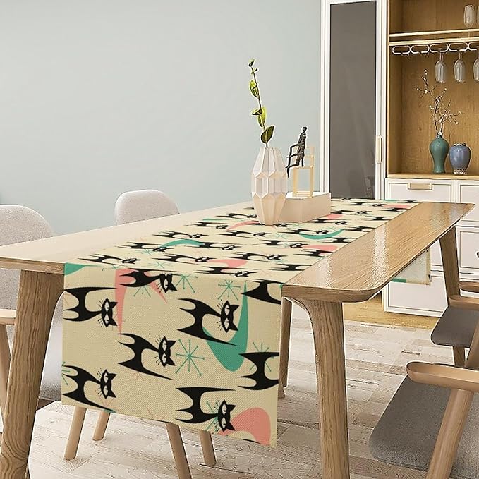 Mid Century Table Runner, Cat Geometric Stripe Colorful Abstract Pattern Print - Image 6