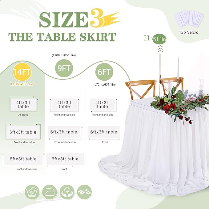 White Table Skirt for Rectangle Tables 14FT Chiffon Sheer Tablecloth for - Image 4