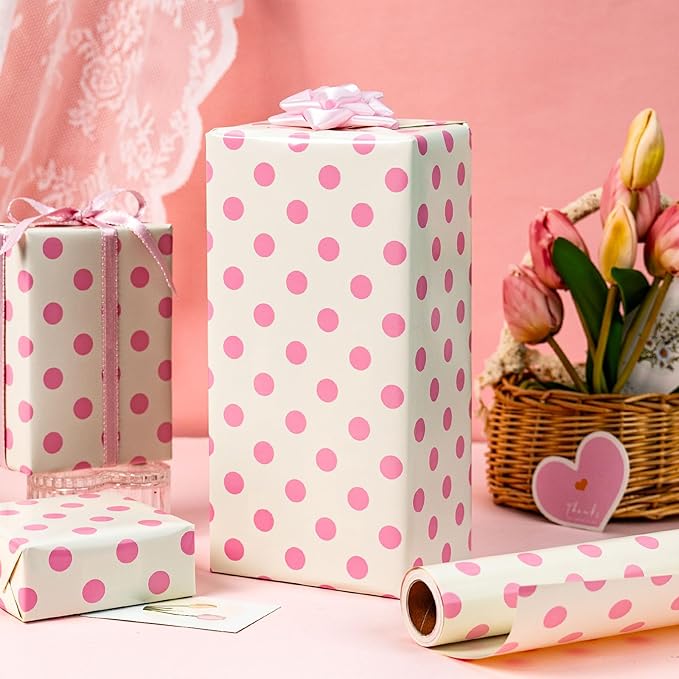 Burymento Pink and Beige Dots Wrapping Paper, Reversible Pink Gift Wrap - Image 6