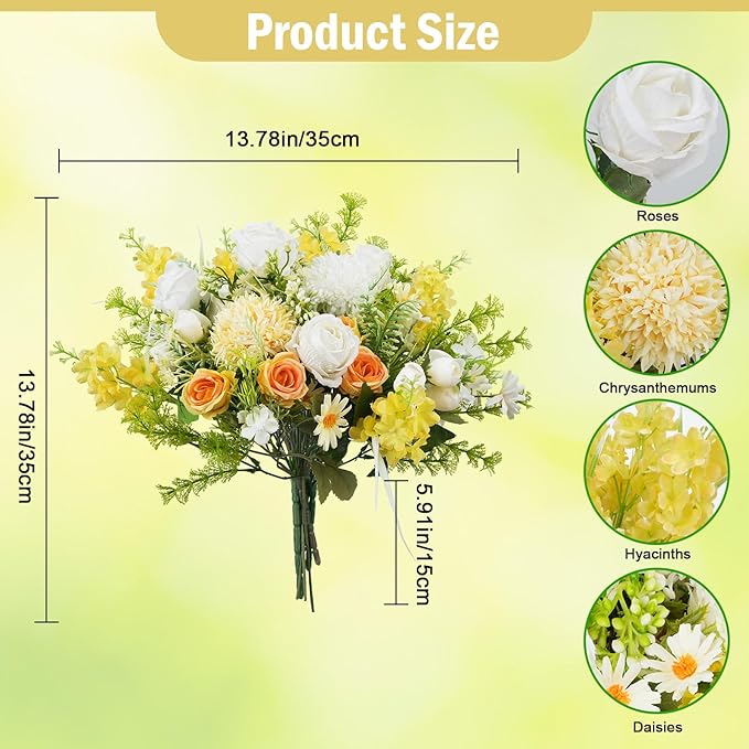 8Pcs Fake Flower Bouquet Artificial Silk Flowers White Yellow Rose Faux Floral - Image 2