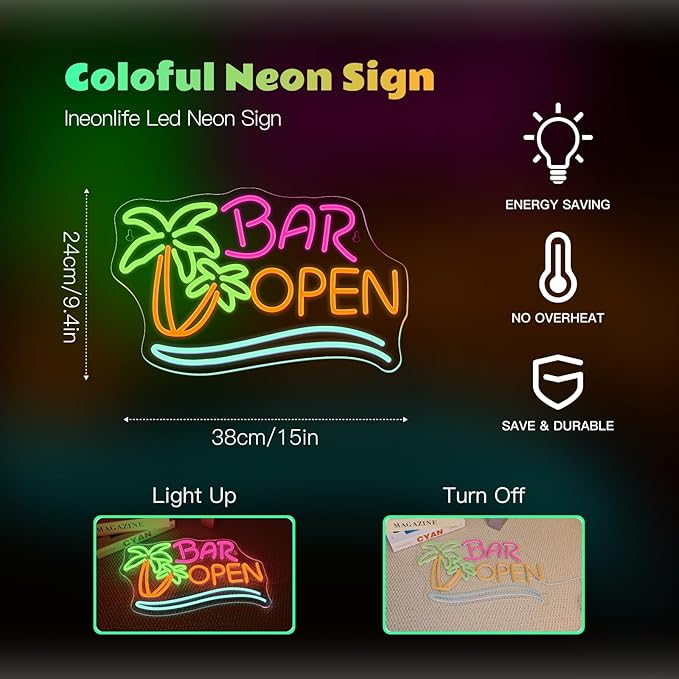 Ineonlife Coconut Tree Open Neon Sign Bar Neon Signs - Image 3