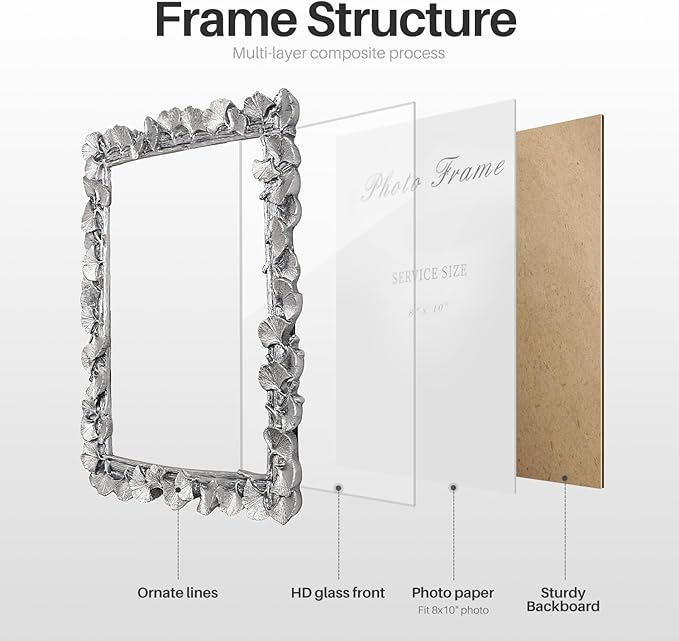 Cuspin Silver 8x10 Picture Frame, Vintage Silver Ornate Leaf Textured - Image 6