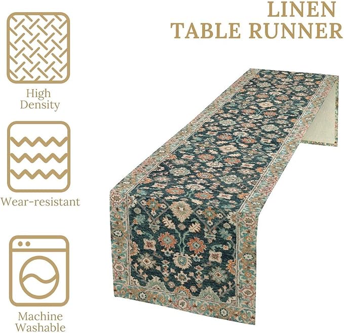 Vintage Boho Floral Table Runner, Rustic Country Farmhouse Blue Teal Red - Image 5