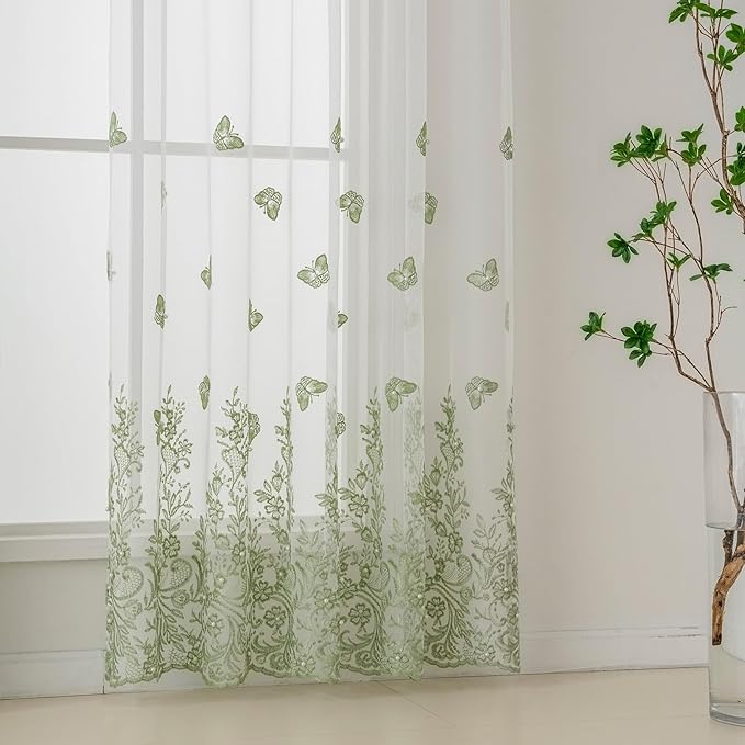 VISIONTEX White Sheer Voile Curtains, Decorative Green Embossed Butterflies Rod - Image 5
