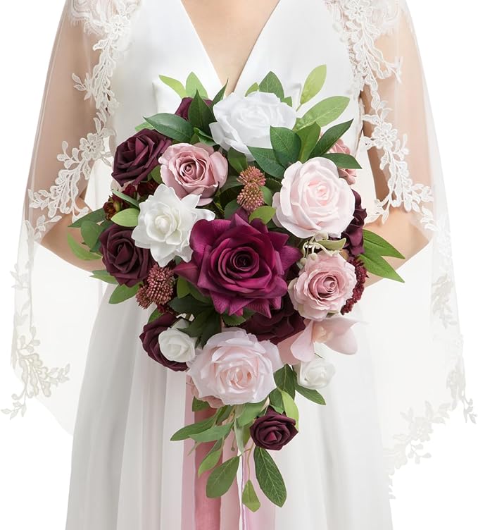 Ling's moment Burgundy Cascading Bridal Bouquet, Marsala Wedding Bouquets by LingsMoment