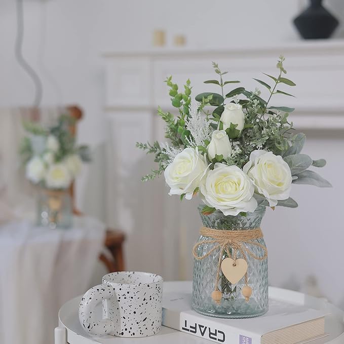 Faux Flowers with Vase, Artificial Silk Roses in Vase, Fake Plant Eucalyptus - Image 2