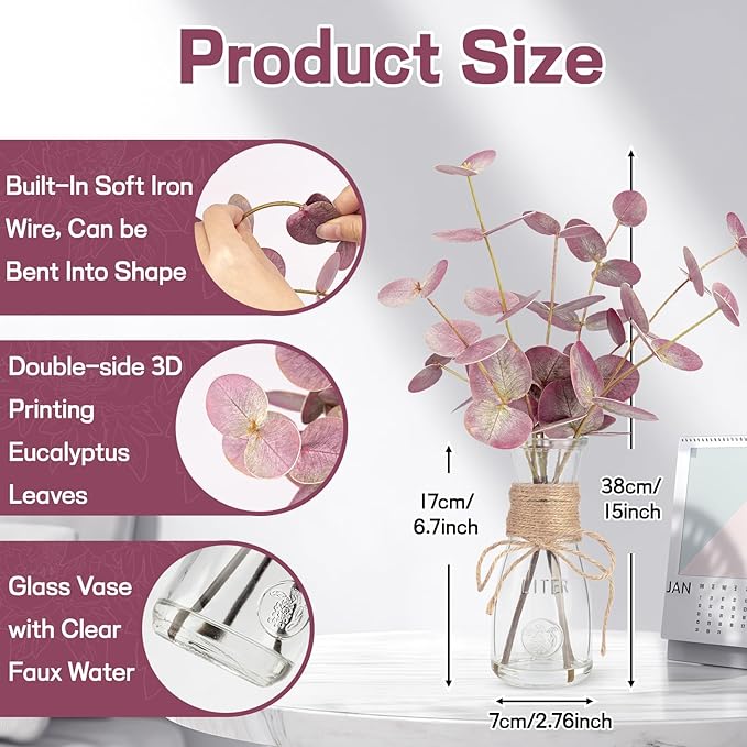 Artificial Eucalyptus Stems in Glass Vase - Image 3