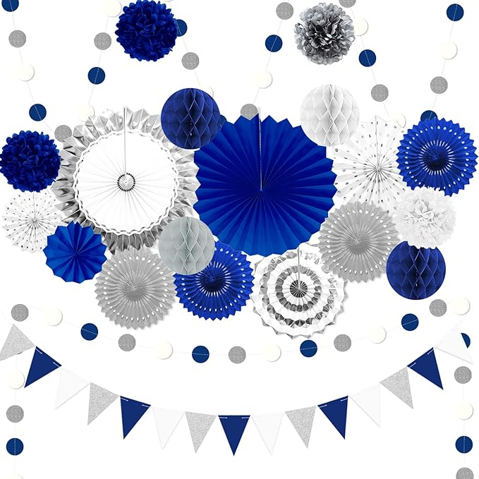 Blue and Sliver Party Decorations, Pom Poms Flowers Packs by Marwey