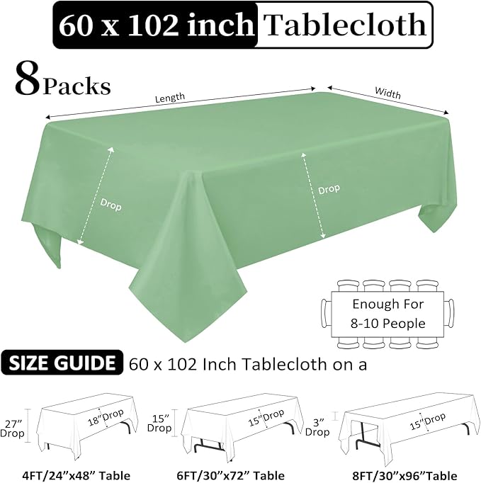 8 Pack Sage Green Tablecloth 60 x 102 Inch Rectangular Tablecloths - Image 2
