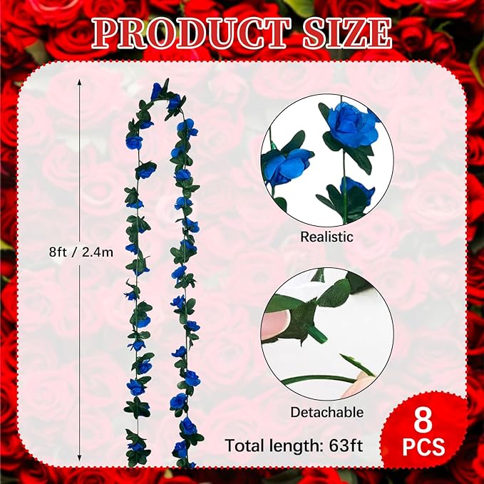 8Pcs 63Ft Royal Blue Rose Garland, Fake Rose Hanging Flowers, Artificial Flower - Image 2
