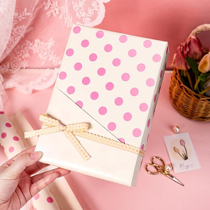 Burymento Pink and Beige Dots Wrapping Paper, Reversible Pink Gift Wrap - Image 5