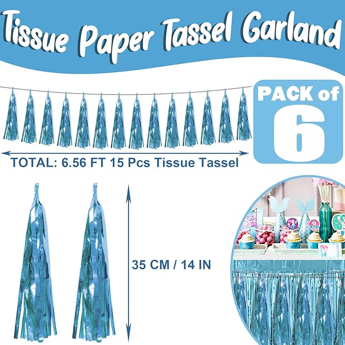 6P Light Blue Foil Fringe Metallic Tassel Streamers Banner Tassel Garland - Image 2