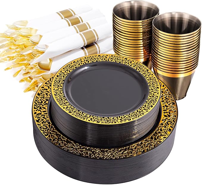 NOCCUR 210pcs Black and Gold Dinnerware Set by NOCCUR