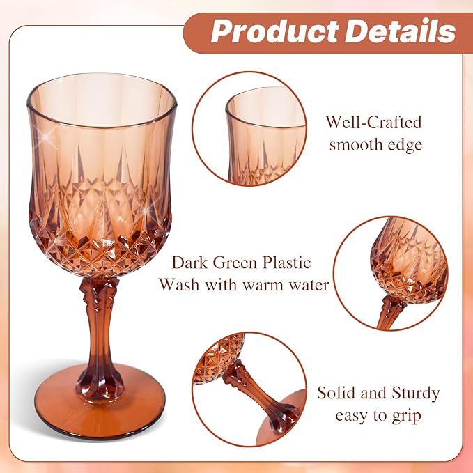 24 Pcs Plastic Rose Gold Stemmed Wine Glasses, Unbreakable, Dishwasher Safe - Image 3