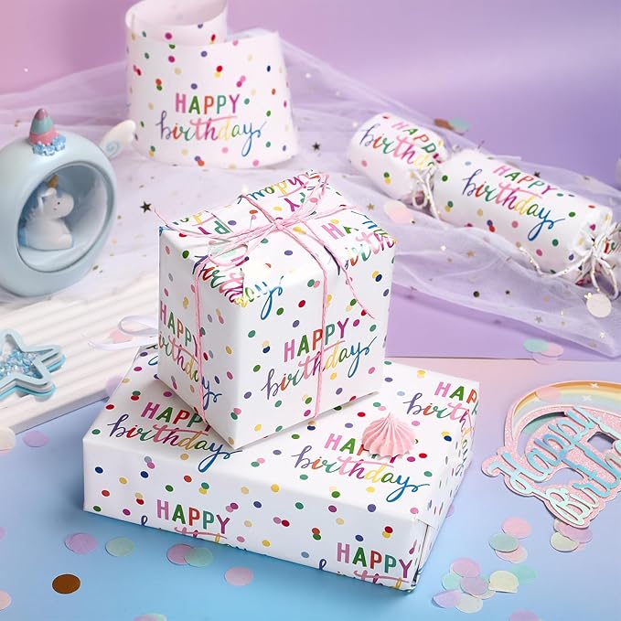 LeZakaa Birthday Wrapping Paper Roll, Happy Birthday Lettering & Colored Polka - Image 5