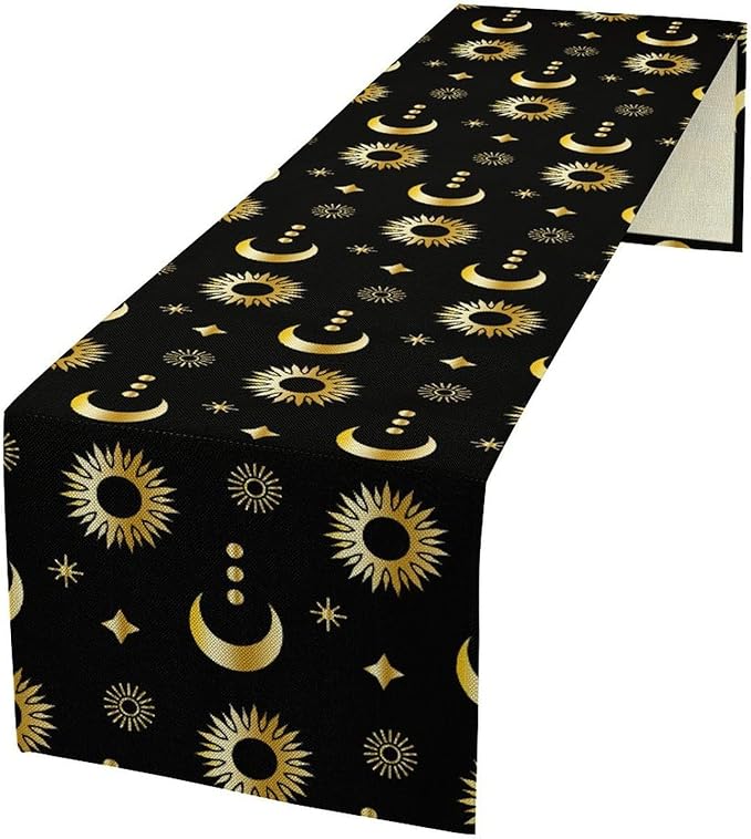 Magic Gold Sun Moon Stars Table Runner Mystical Farmhouse Rustic TableRunner by ShiTingYu