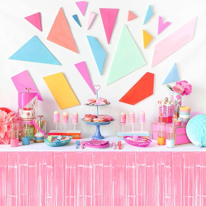3 Pack 29 x108 Inch Macaron Pink Foil Fringe Table Skirts Metallic Banner - Image 4