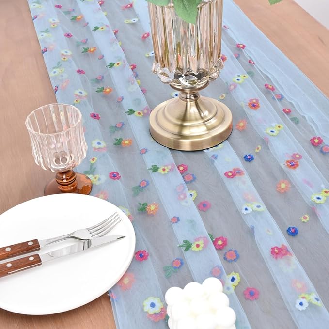 Joanlody Blue Embroidery Daisy Fall Thanksgiving Table Runner Florals Seasonal - Image 4