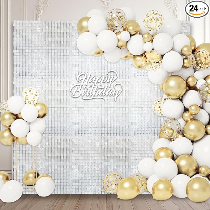 24PCS White Shimmer Wall Backdrop, Square Sequin Photo Backdrops Panel by ZEBMOON