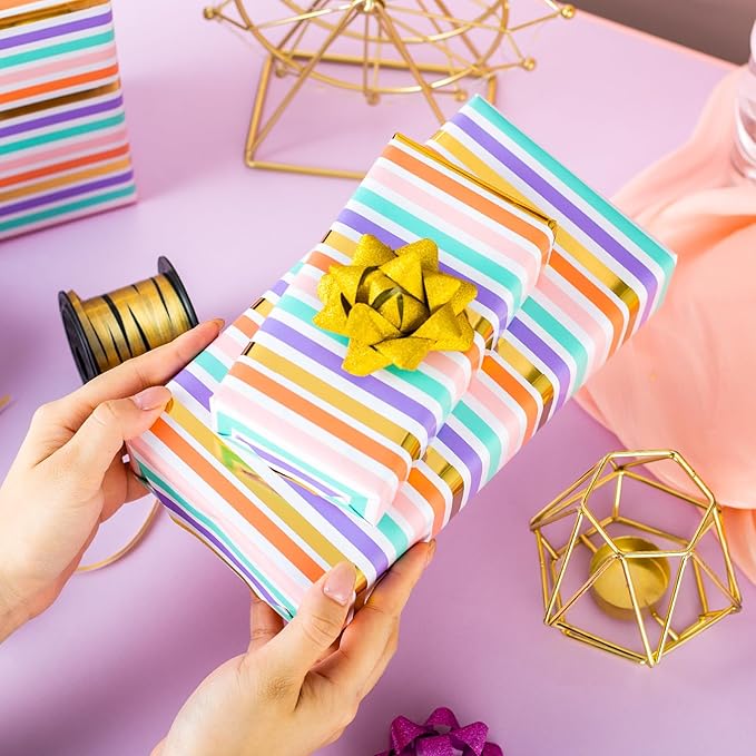 Yarcony Gift Wrapping Paper Roll, Rainbow Wrapping Paper, Colorful Stripes Gift - Image 4