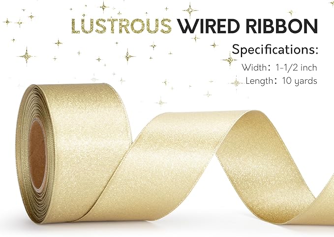 Gold Satin Wired Ribbon 1-1/2 Inch Double-Faced Glitter Ribbons - Image 3
