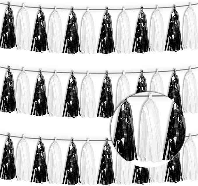 3P Black White Foil Fringe Tassel Banner Metallic Tinsel Streamer Garland Wall by Xuuf