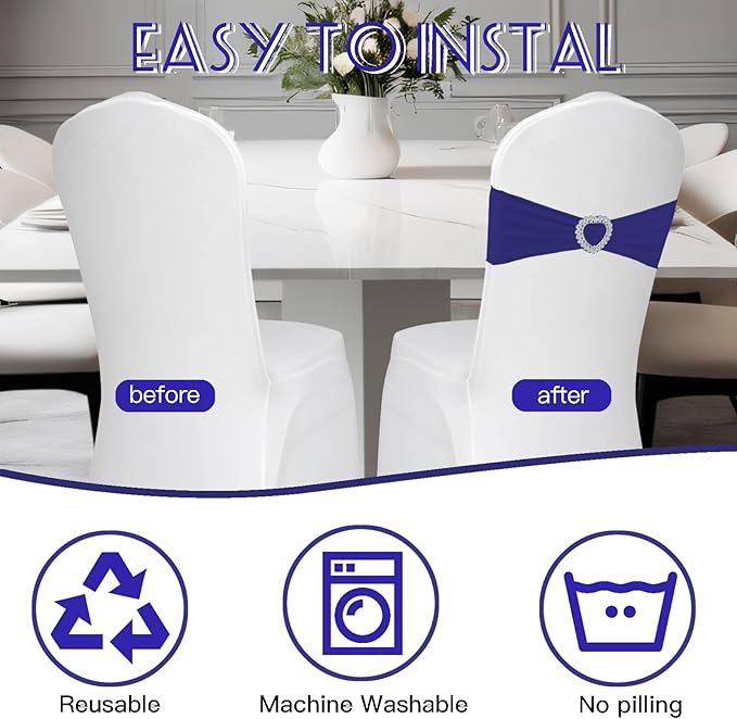 100PCS Spandex Stretch Navy Blue Chair Sashes Bows Universal Elastic Chair - Image 5