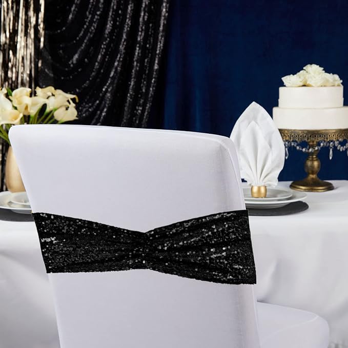 SquarePie Pack of 100 Chair Sashes Sparkly Black Sequin Bands - Image 6