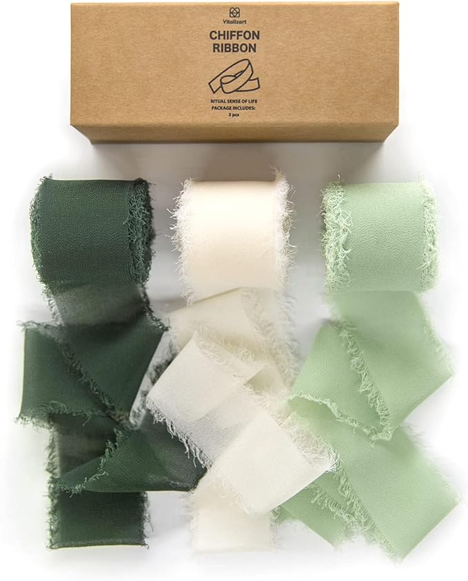 Vitalizart Handmade Chiffon Silk Ribbon Fringe Green & Cream 1.5" x 21 Yd by Vitalizart
