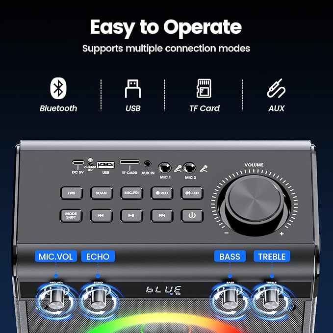 Karaoke Machine with 2 Wireless Microphones, Portable Bluetooth Speaker - Image 2