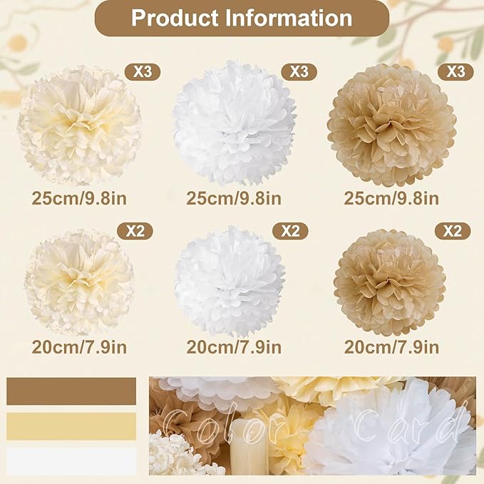 SUNBEAUTY 15 PCS Boho Champagne Pom Poms Tissue Paper Flowers, Wall Hanging - Image 3