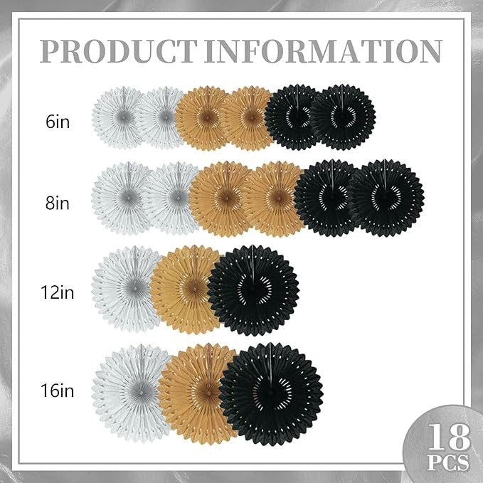 18 Pcs Black Gary Gold Hanging Paper Fan, Hanging Honeycomb Round Paper Fans - Image 2