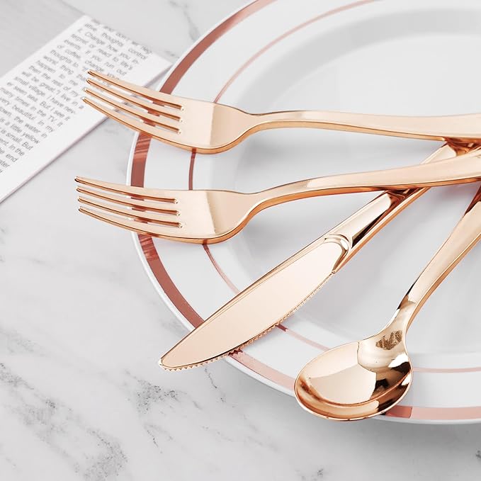 BESTVIP 100 Pack Pre Rolled Rose Gold Plastic Silverware Set, Disposable - Image 4