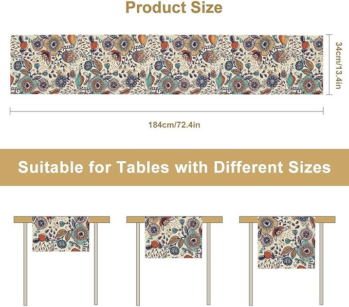 Boho Floral Table Runner, Vintage Flowers Tropical Plants Country Style Table - Image 7