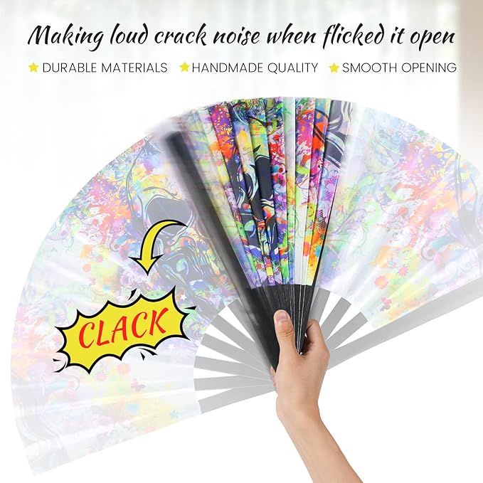 SYNTECSO Folding Hand Fan for Rave, UV Glow Fan, Large Bamboo Fan for Drag Queen - Image 4