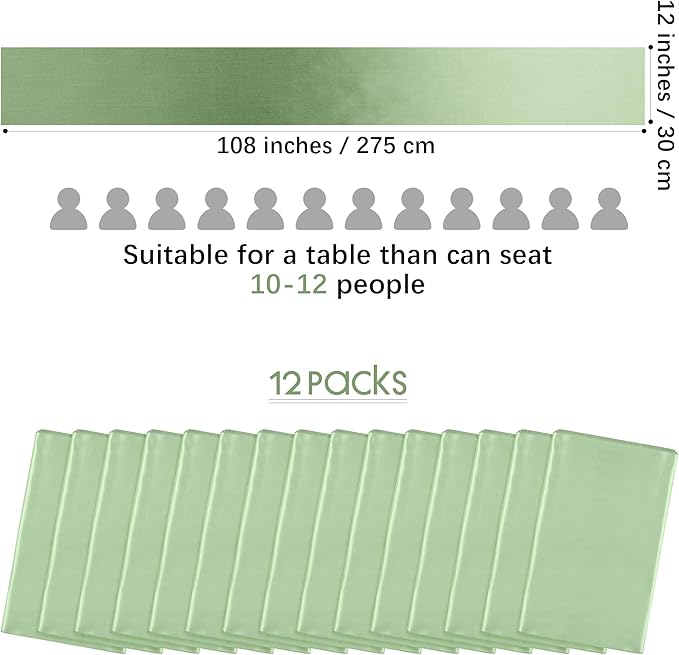 Aneco 12 Pack Satin Table Runner 12 x 108 Inch Sage Green Long Wedding Satin - Image 2