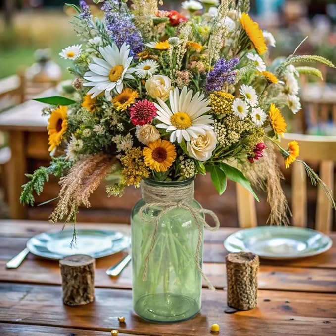 Vintage Glass Flower Vase，6 Pack Green Farmhouse Glass Centerpiece Vases Mason - Image 5