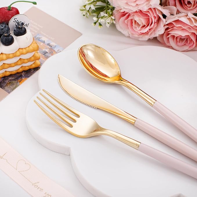 I00000 60 Pack Pink Plastic Silverware, 20 Knives and 20 Spoons, Tableware Set - Image 2